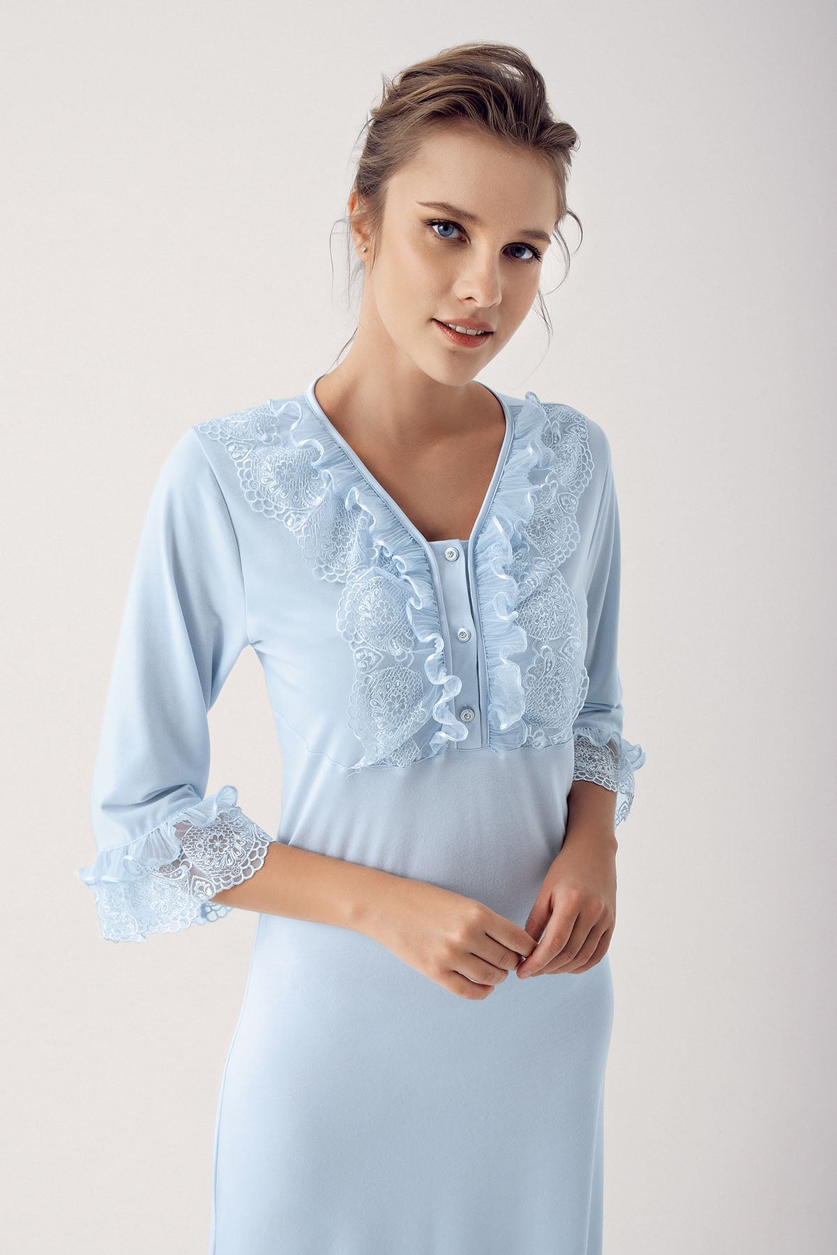 Shopymommy 14403 Leaf Lace Maternity & Nursing Nightgown With Robe Blue