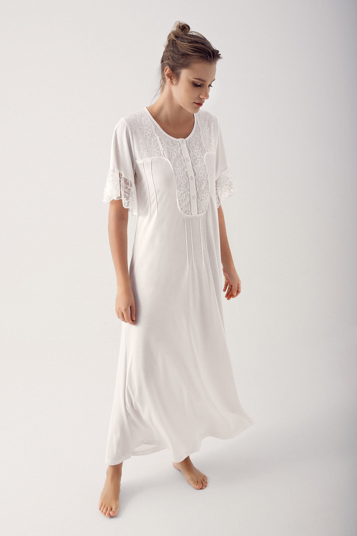 Shopymommy 14105 Collar And Sleeve Lace Maternity & Nursing Nightgown Ecru