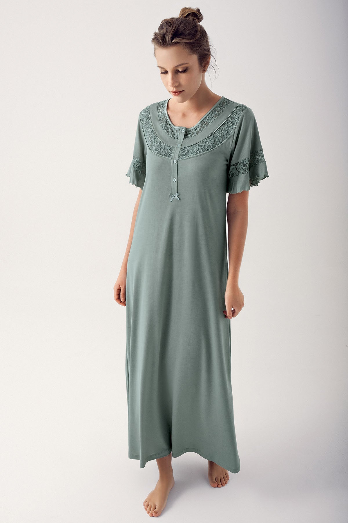 Shopymommy 14107 Guipure Collar Plus Size Maternity & Nursing Nightgown Green