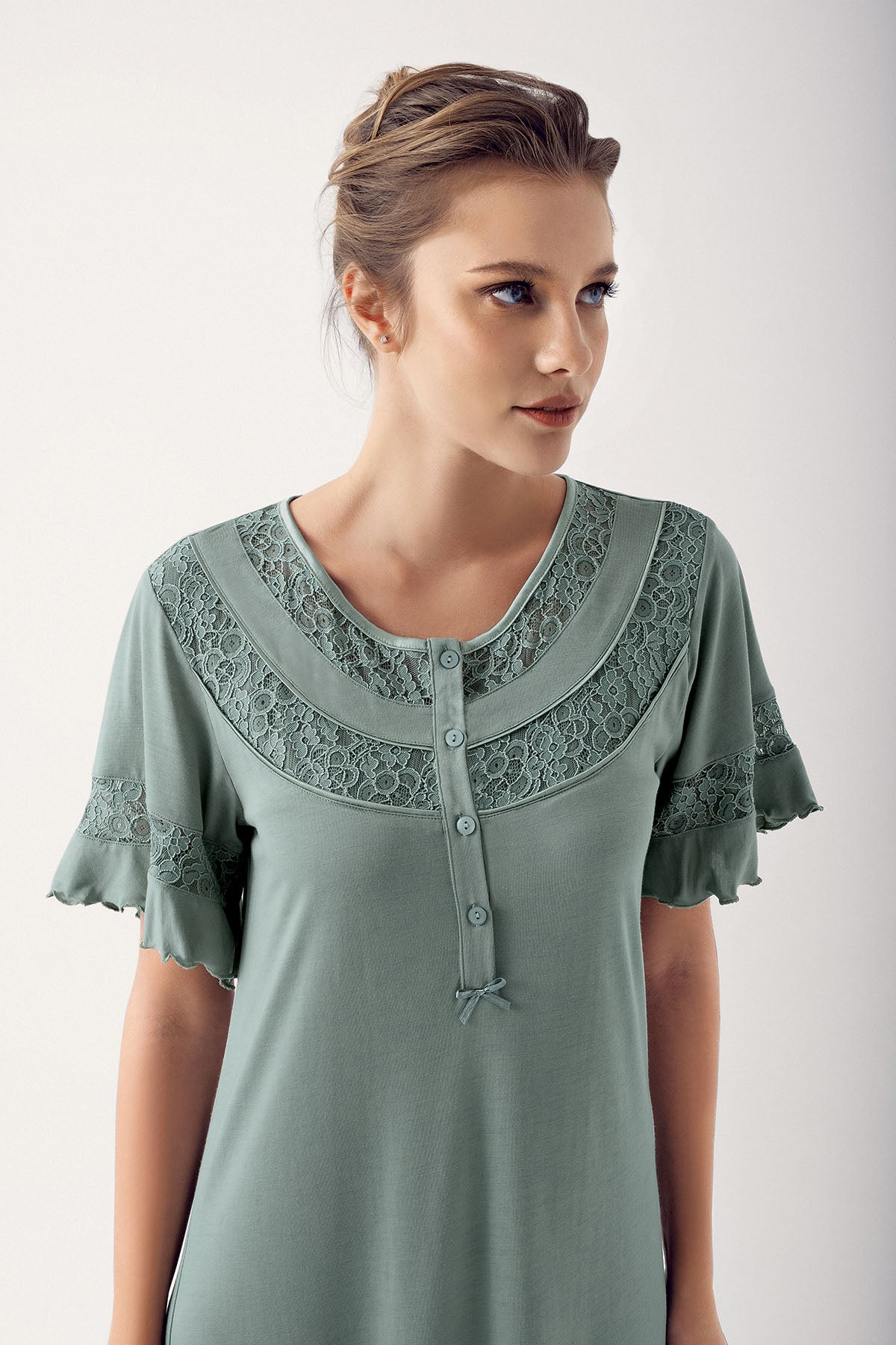 Shopymommy 14107 Guipure Collar Plus Size Maternity & Nursing Nightgown Green
