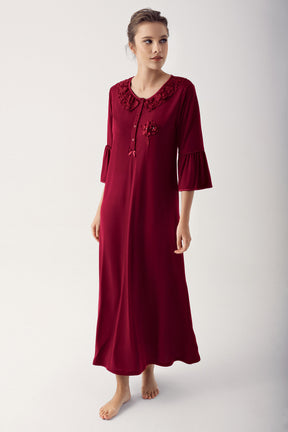Shopymommy 14108 Lace Collar Flywheel Arm Maternity & Nursing Nightgown Claret Red