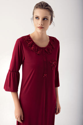 Shopymommy 14108 Lace Collar Flywheel Arm Maternity & Nursing Nightgown Claret Red