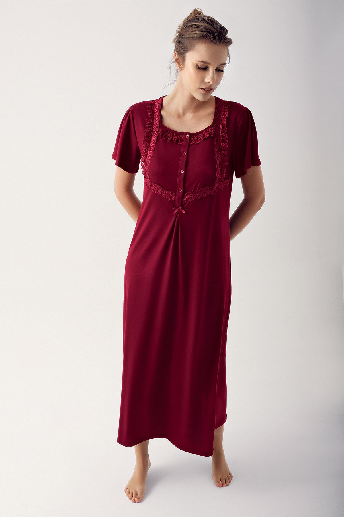 Shopymommy 14110 Square Collar Lace Plus Size Maternity & Nursing Nightgown Claret Red