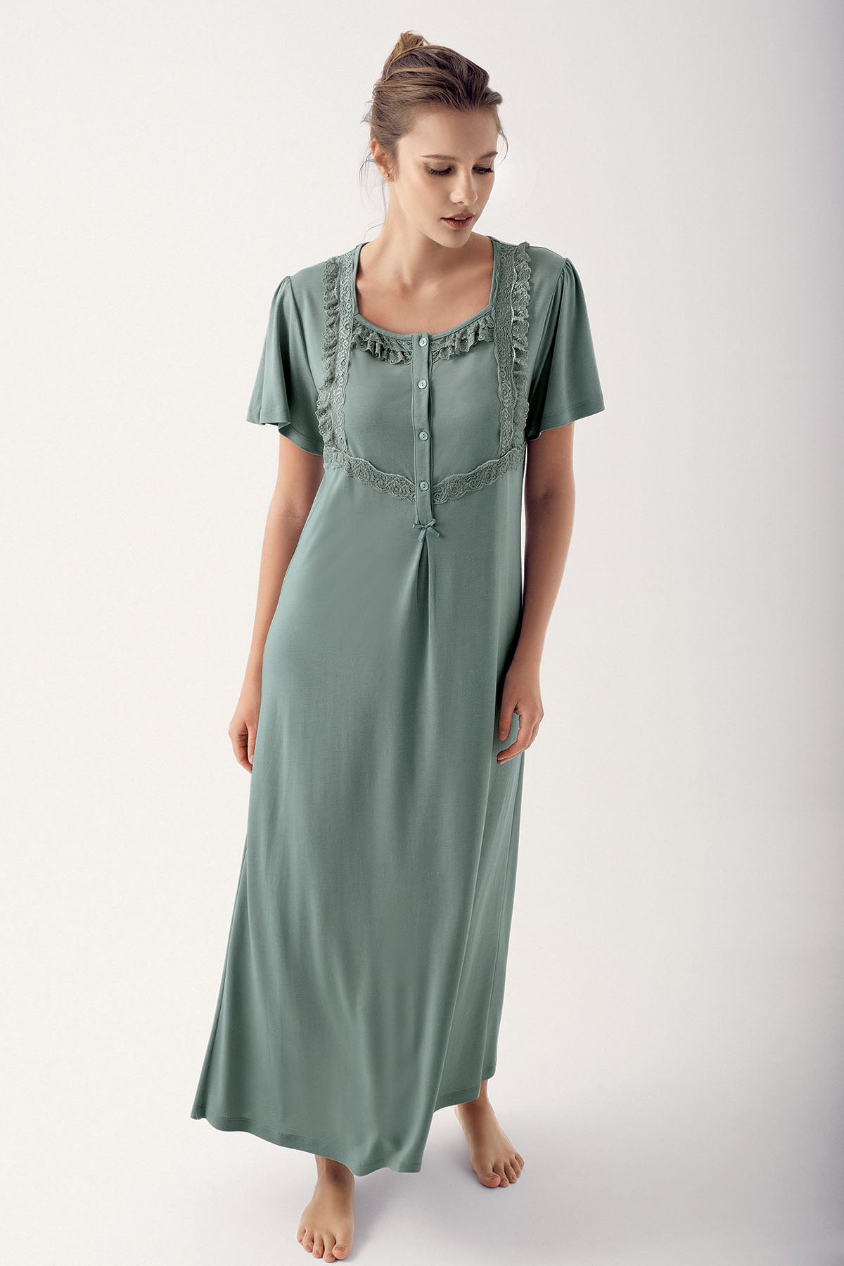 Shopymommy 14110 Square Collar Lace Plus Size Maternity & Nursing Nightgown Green