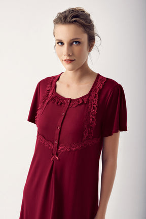 Shopymommy 14110 Square Collar Lace Plus Size Maternity & Nursing Nightgown Claret Red