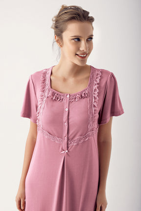 Shopymommy 14110 Square Collar Lace Plus Size Maternity & Nursing Nightgown Dried Rose