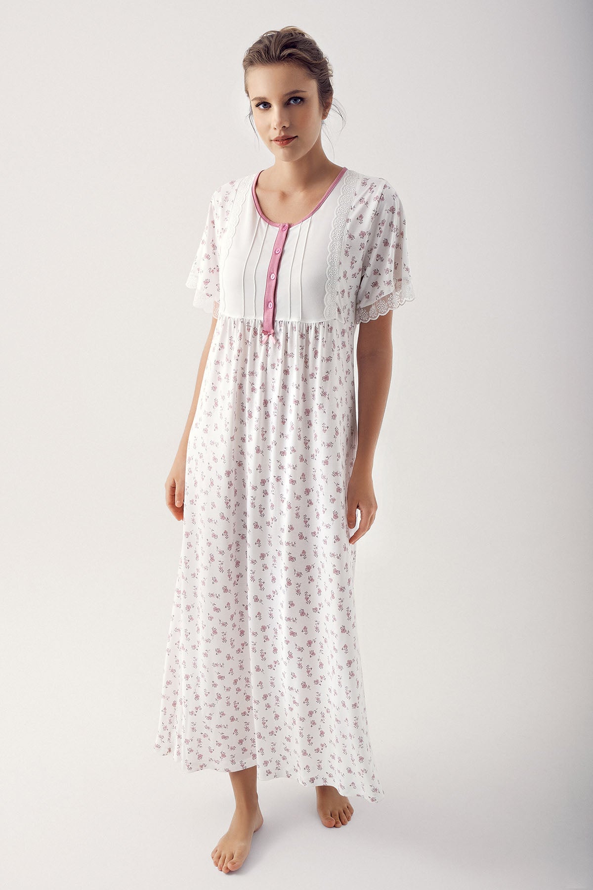 Shopymommy 14113 Flower Pattern Lace Plus Size Maternity & Nursing Nightgown Dried Rose