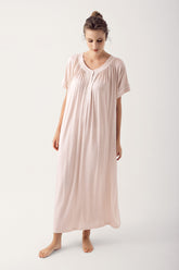 Shopymommy 14115 Striped Maternity & Nursing Nightgown Beige