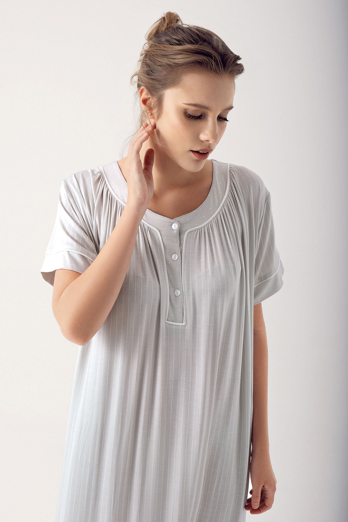 Shopymommy 14115 Striped Maternity & Nursing Nightgown Grey