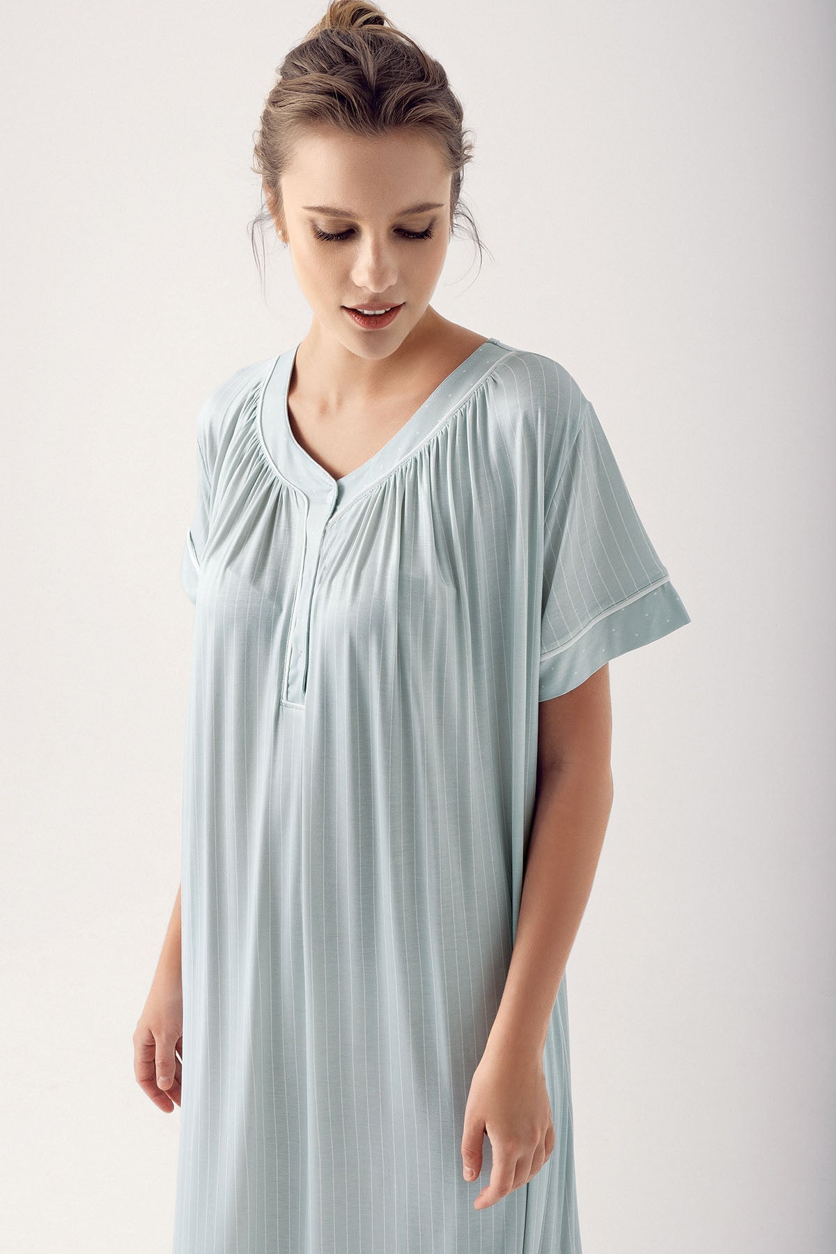 Shopymommy 14115 Striped Maternity & Nursing Nightgown Green
