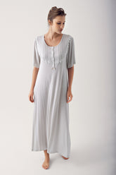 Shopymommy 14118 Polka Dot Lace Plus Size Maternity & Nursing Nightgown Grey