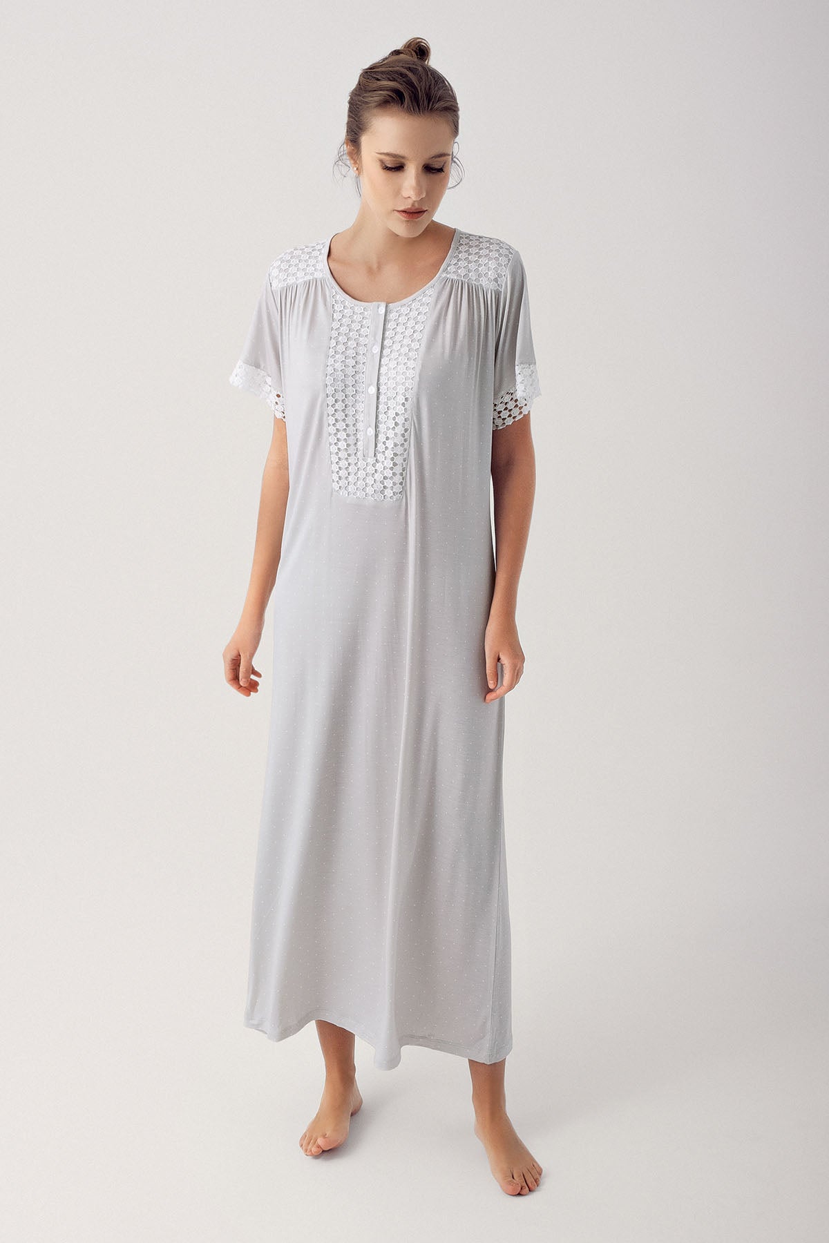 Shopymommy 14119 Tulle Lace Plus Size Maternity & Nursing Nightgown Grey