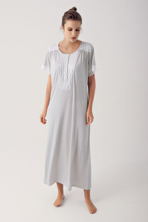 Shopymommy 14119 Tulle Lace Plus Size Maternity & Nursing Nightgown Grey