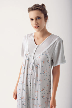 Shopymommy 14121 Patterned V-Neck Plus Size Maternity & Nursing Nightgown Grey