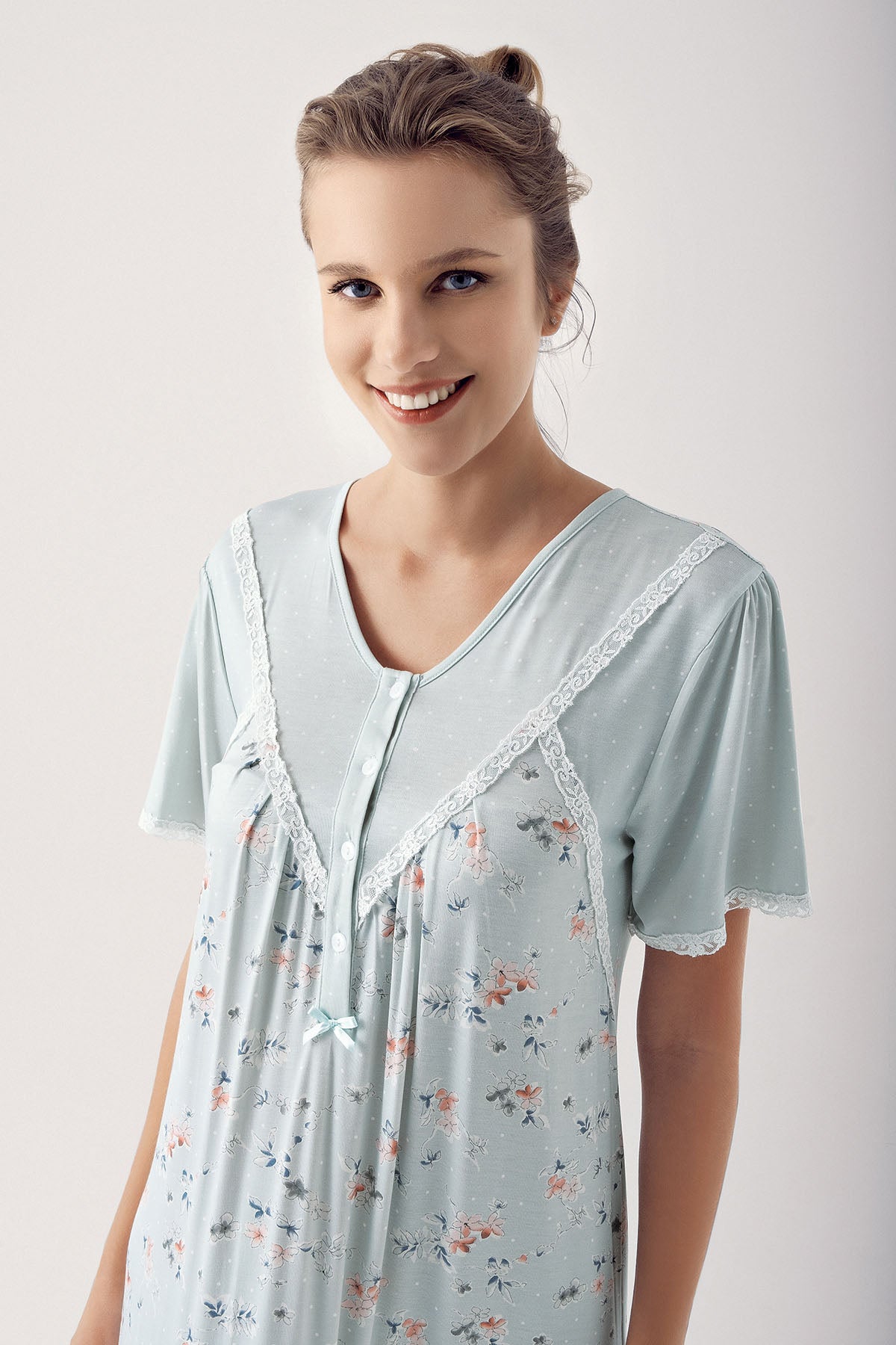 Shopymommy 14121 Patterned V-Neck Plus Size Maternity & Nursing Nightgown Green