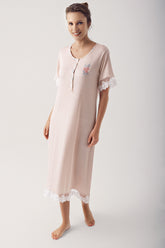 Shopymommy 14123 Embroidery Polka Dot Maternity & Nursing Nightgown Beige
