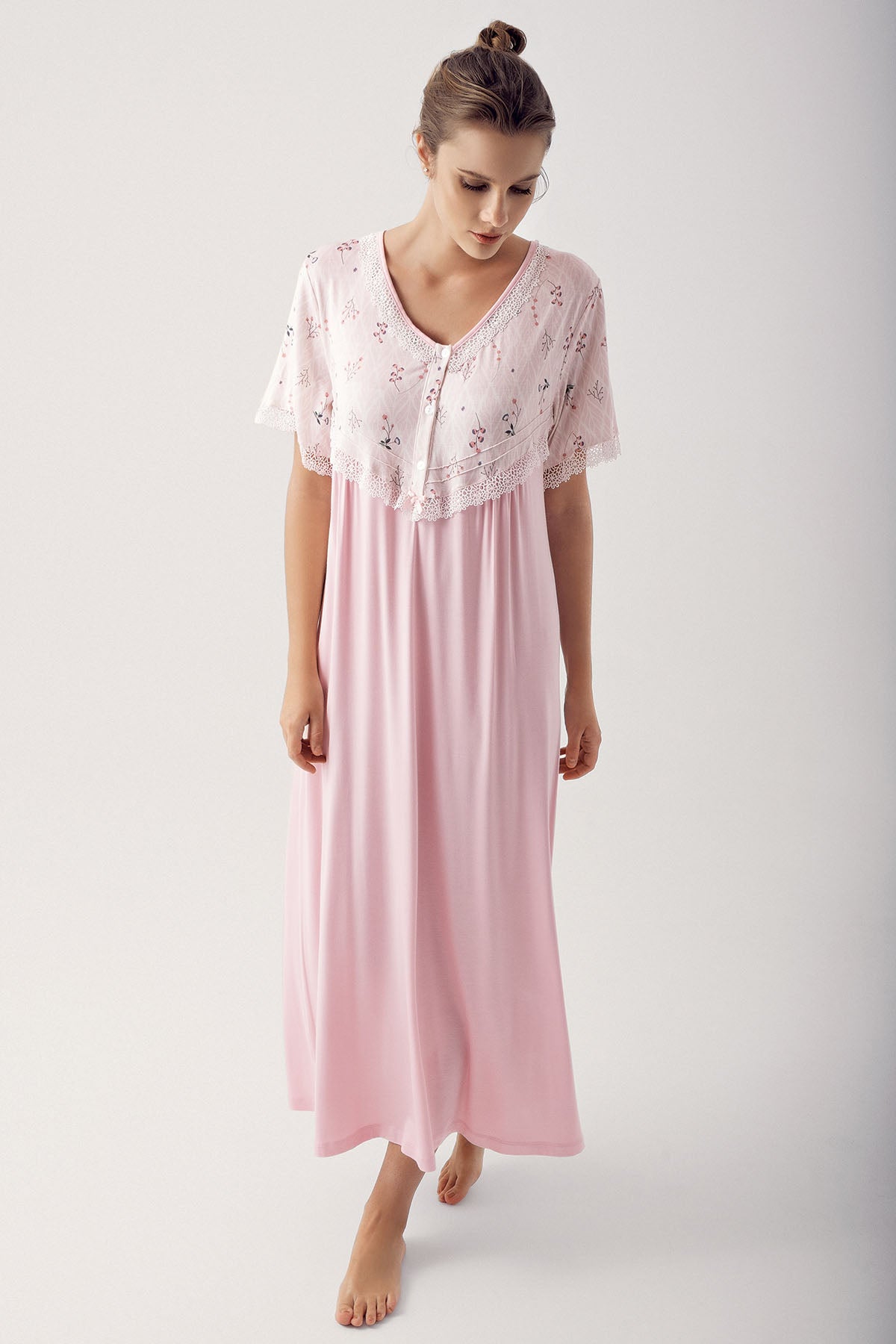 Shopymommy 14125 Lace Flower Pattern Maternity & Nursing Nightgown Powder