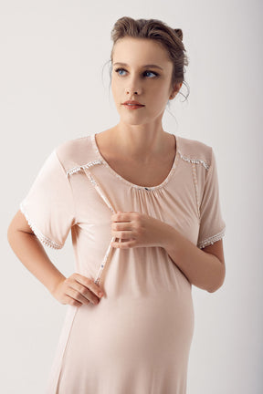 Shopymommy 14127 Breastfeeding Detailed Maternity & Nursing Nightgown Beige