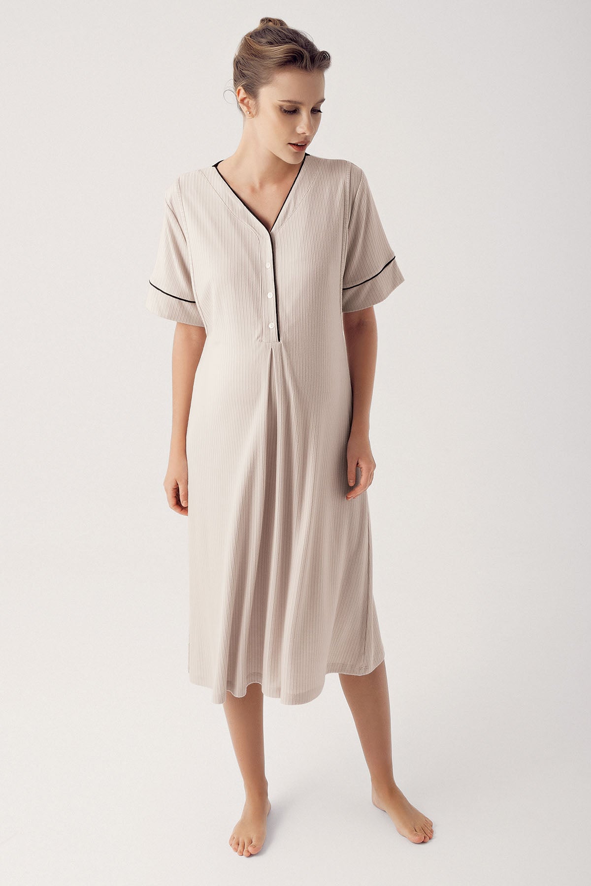 Shopymommy 14406 Double Breast Feeding Maternity & Nursing Nightgown With Robe Beige