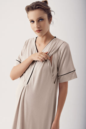 Shopymommy 14406 Double Breast Feeding Maternity & Nursing Nightgown With Robe Beige