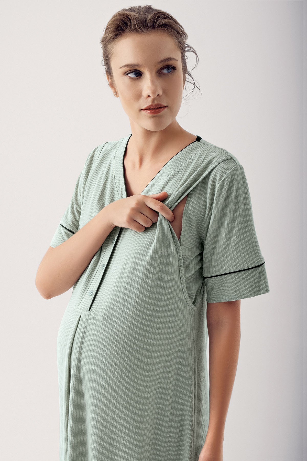 Shopymommy 14406 Double Breast Feeding Maternity & Nursing Nightgown With Robe Green