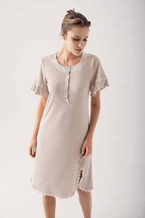 Shopymommy 14129 Flower Embroidery Maternity & Nursing Nightgown Beige