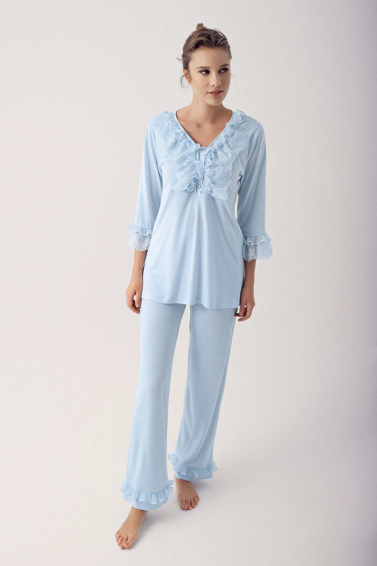 Shopymommy 14303 Leaf Lace 3-Pieces Maternity & Nursing Pajamas With Robe Blue
