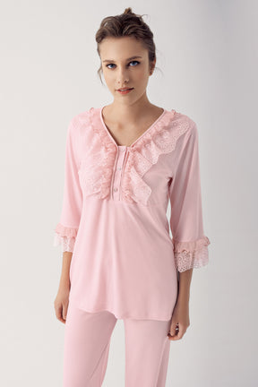 Shopymommy 14303 Leaf Lace 3-Pieces Maternity & Nursing Pajamas With Robe Powder