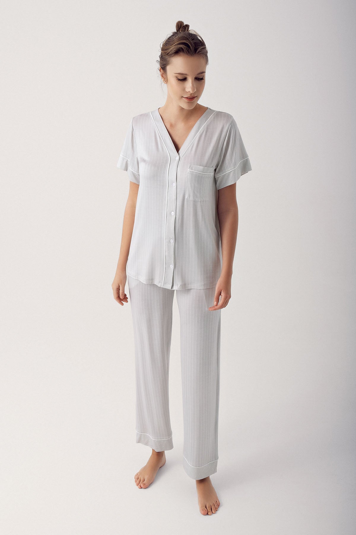 Shopymommy 14205 Striped V-Neck Maternity & Nursing Pajamas Grey