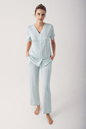 Shopymommy 14205 Striped V-Neck Maternity & Nursing Pajamas Green