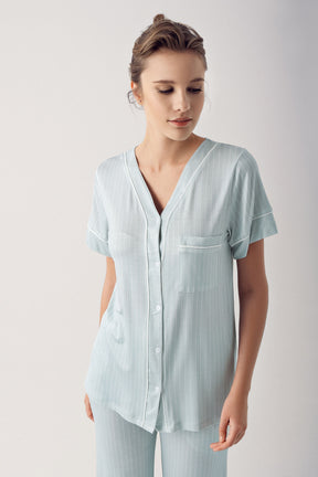 Shopymommy 14205 Striped V-Neck Maternity & Nursing Pajamas Green