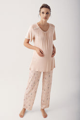 Shopymommy 14208 Breastfeeding Detailed Maternity & Nursing Pajamas Beige