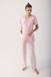 Shopymommy 14208 Breastfeeding Detailed Maternity & Nursing Pajamas Powder