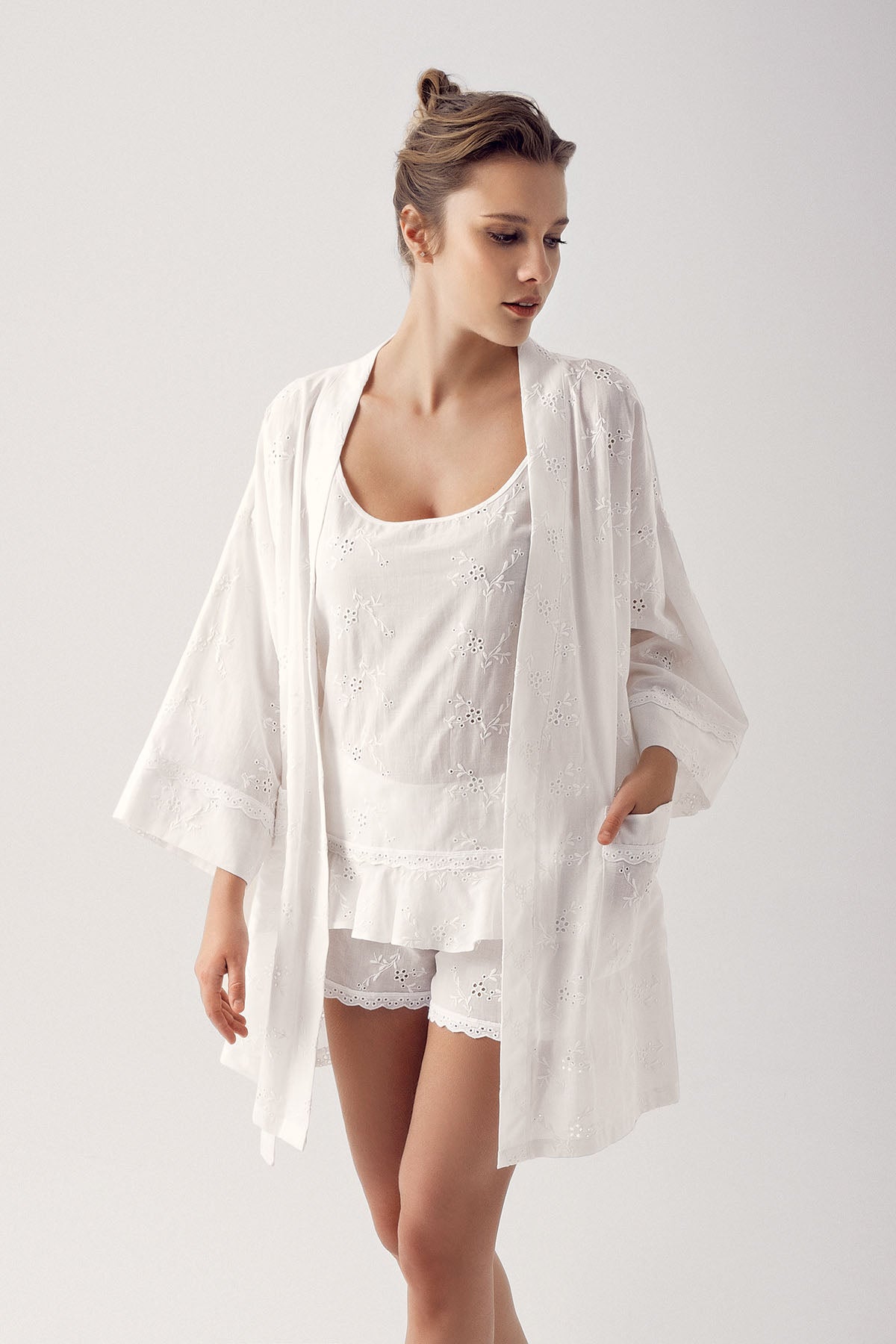 Shopymommy 14300 Woven 3-Pieces Maternity & Nursing Shorts Set With Robe Ecru