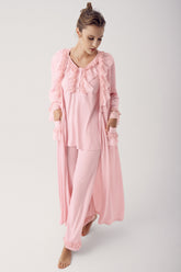 Shopymommy 14303 Leaf Lace 3-Pieces Maternity & Nursing Pajamas With Robe Powder