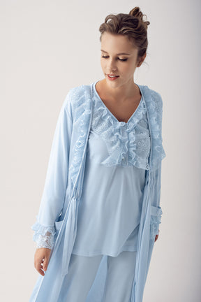 Shopymommy 14303 Leaf Lace 3-Pieces Maternity & Nursing Pajamas With Robe Blue