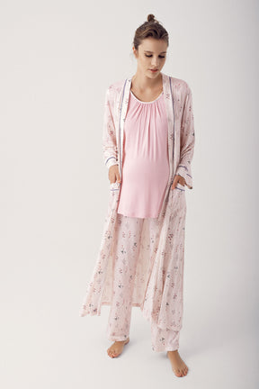 Shopymommy 14304 Breastfeeding Detailed 3-Pieces Maternity & Nursing Pajamas With Patterned Robe Powder