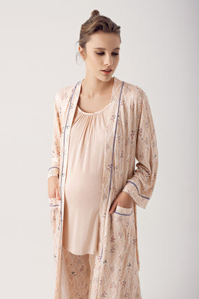 Shopymommy 14304 Breastfeeding Detailed 3-Pieces Maternity & Nursing Pajamas With Patterned Robe Beige