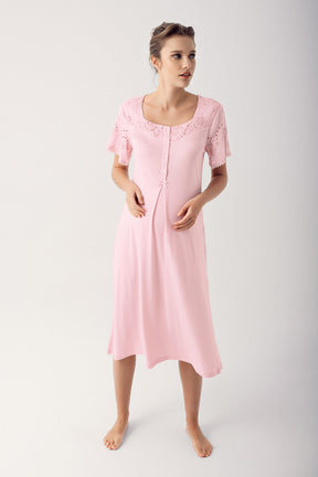 Shopymommy 14400 Motif Embroidered Maternity & Nursing Nightgown With Robe Powder