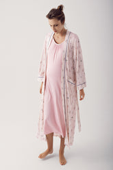 Shopymommy 14404 Breastfeeding Detailed Maternity & Nursing Nightgown With Patterned Robe Powder