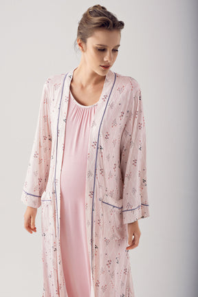 Shopymommy 14404 Breastfeeding Detailed Maternity & Nursing Nightgown With Patterned Robe Powder