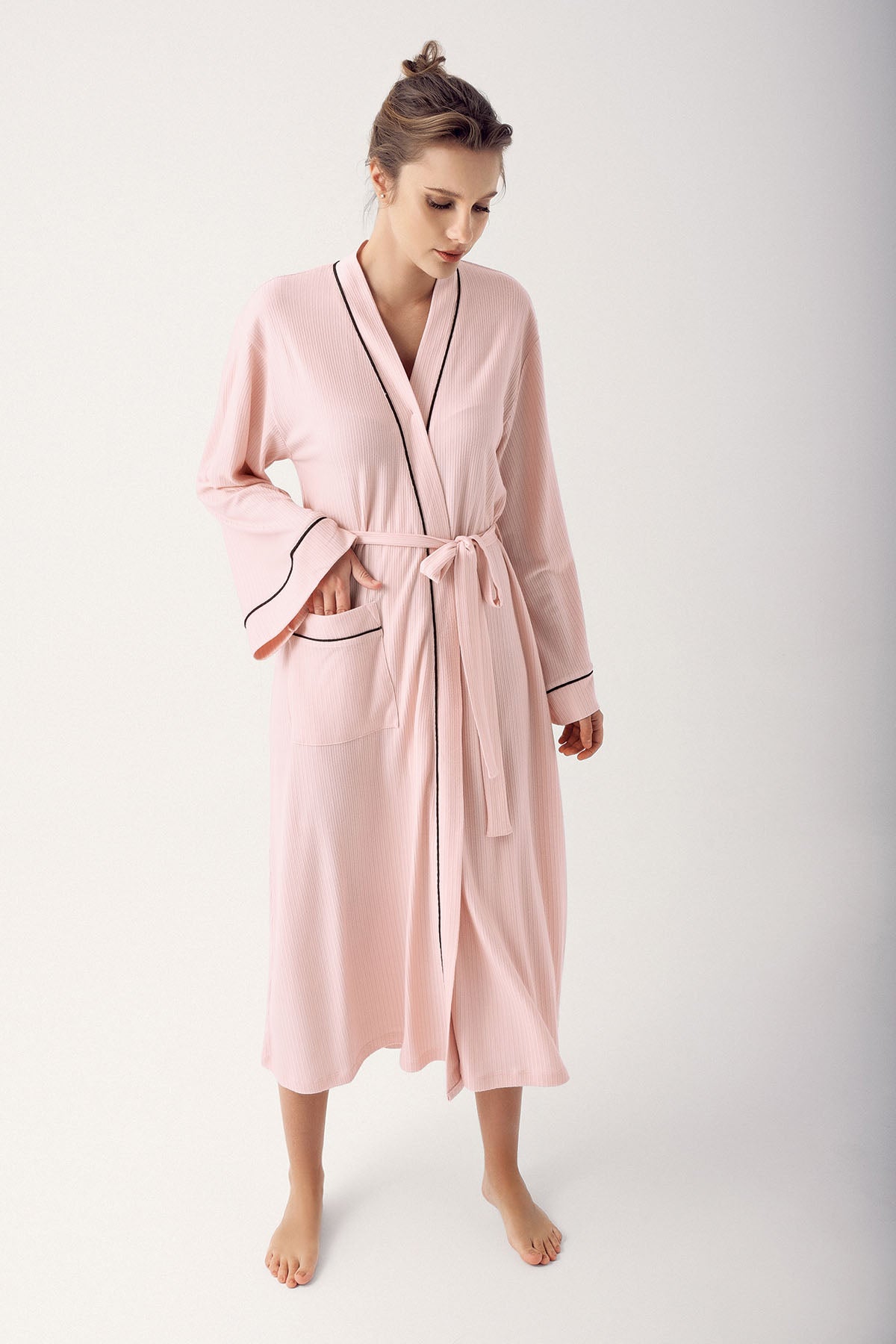 Shopymommy 14502 Striped Maternity Robe Pink