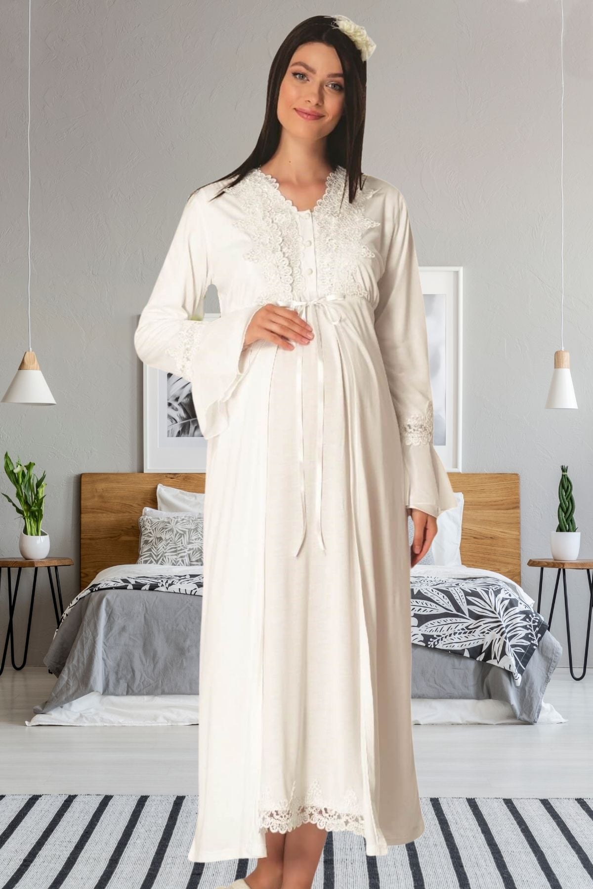 Shopymommy 1500 Lace Maternity Robe Ecru