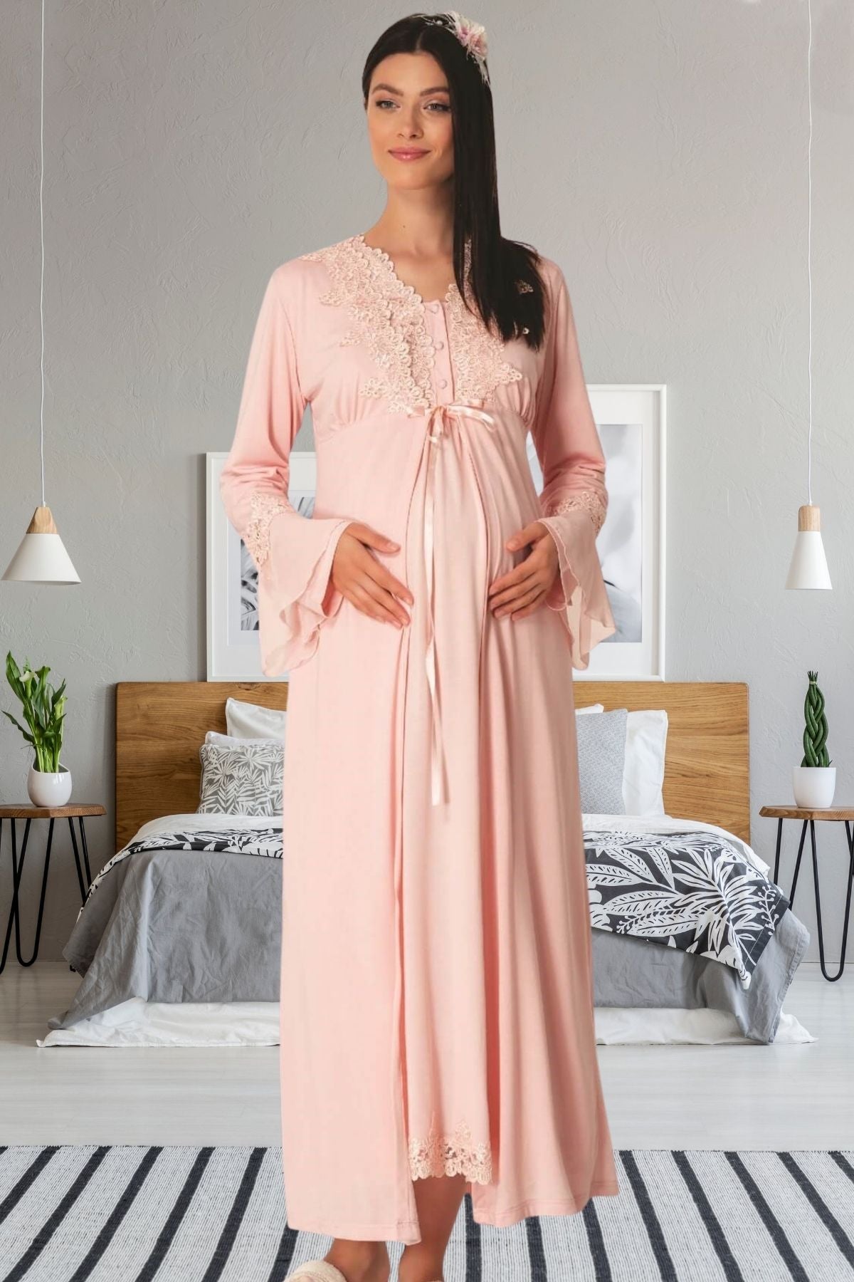 Shopymommy 1518 Lace Maternity & Nursing Nightgown With Robe Powder