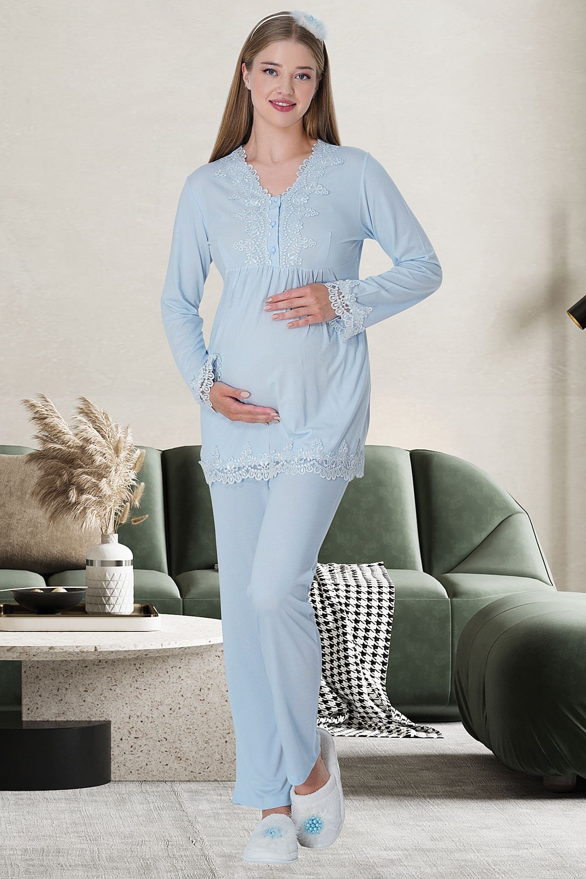 Shopymommy 1517 Lace 3-Pieces Maternity & Nursing Pajamas With Robe Blue