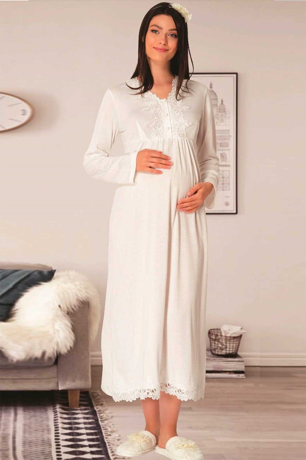 Shopymommy 1512 Lace Maternity & Nursing Nightgown Ecru