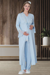 Shopymommy 1517 Lace 3-Pieces Maternity & Nursing Pajamas With Robe Blue