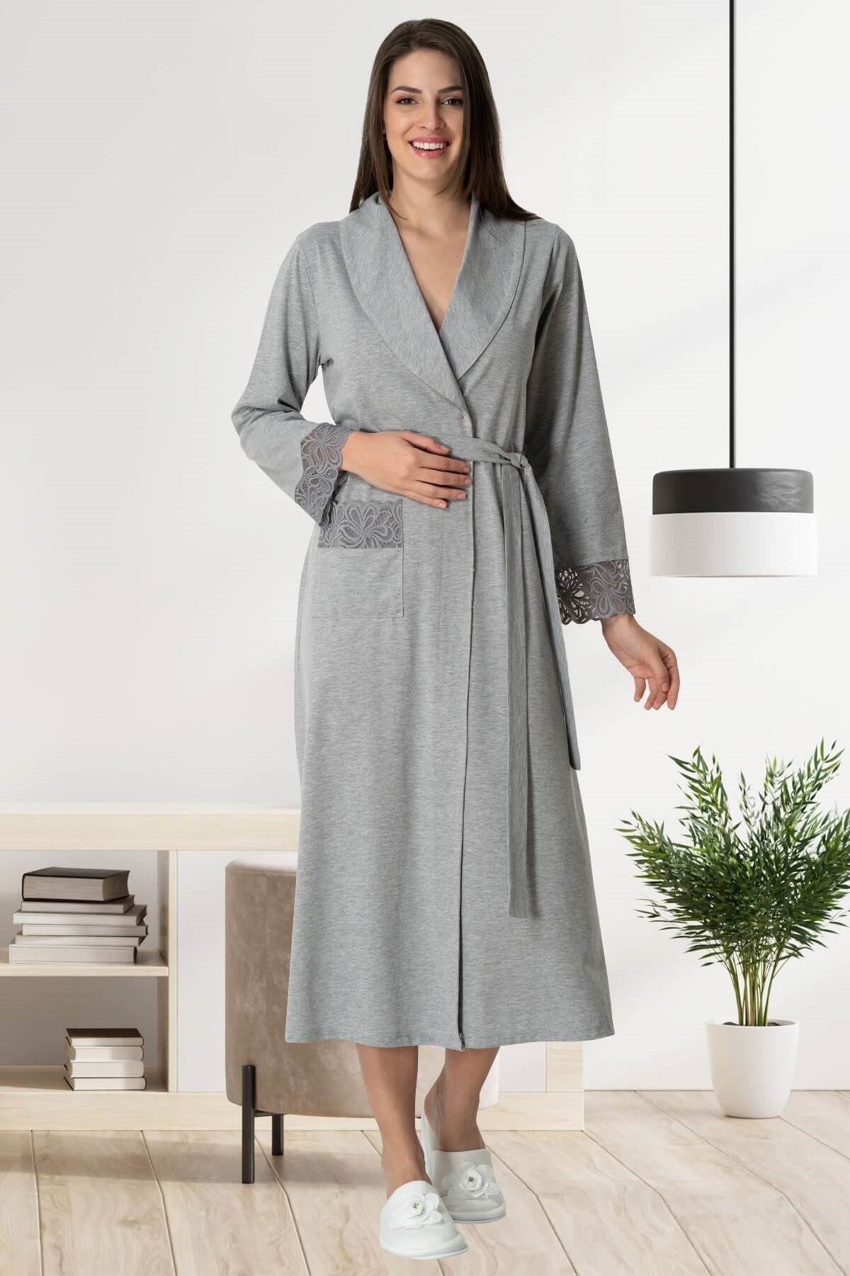 Shopymommy 1543 Lace Maternity Robe Grey