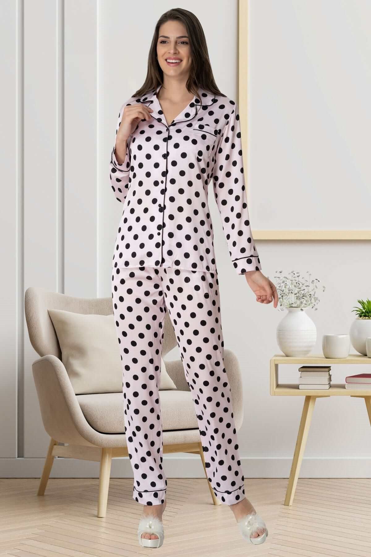 Shopymommy 1550 Satin Polka Dot Front Button Maternity & Nursing Pajamas