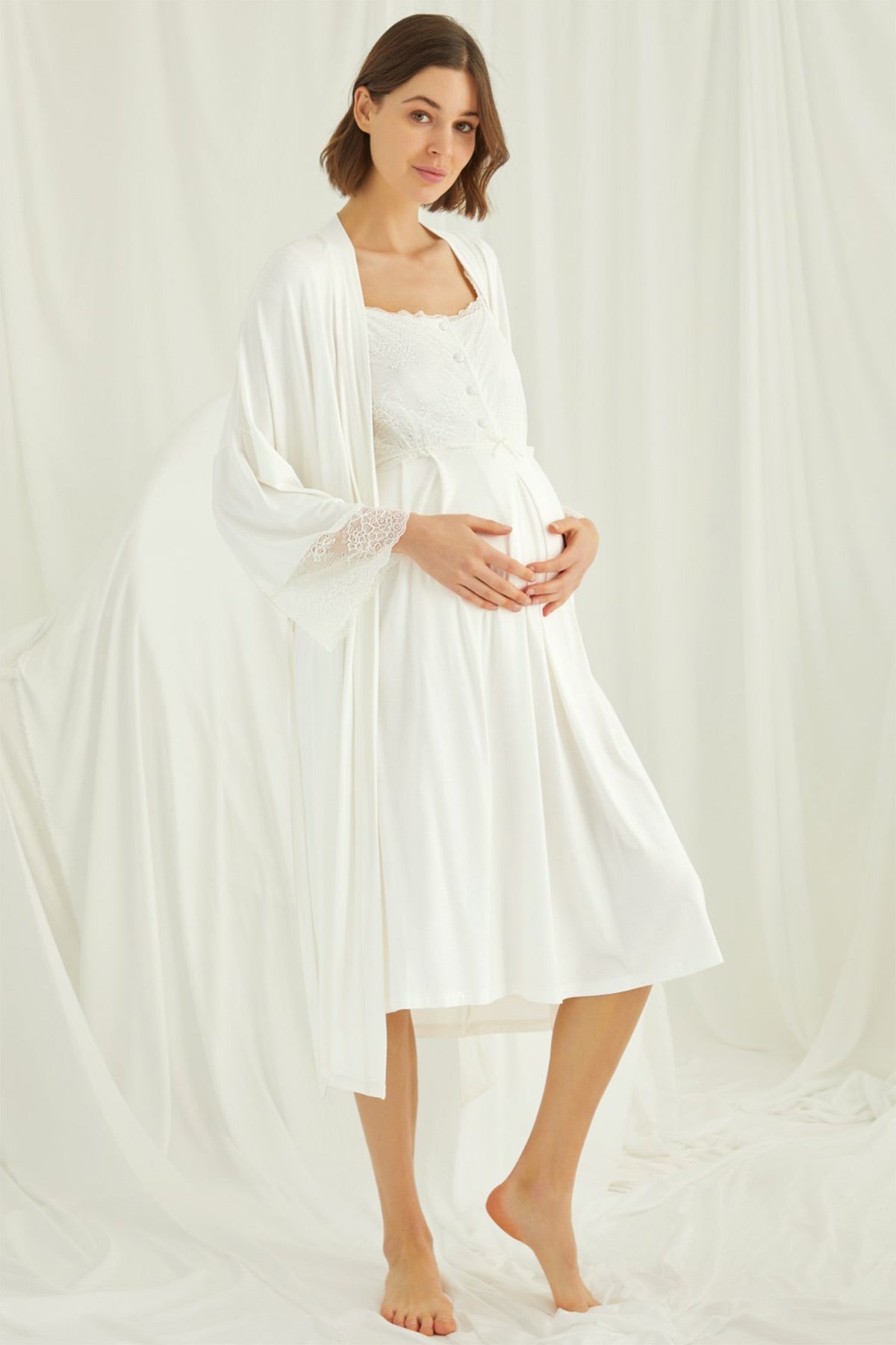 Shopymommy 18202 Lace Maternity & Nursing Nightgown With Robe Set Ecru